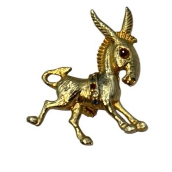 Vtg Donkey Pin Brooch Burro Gold Tone Rhinestone Frisky Whimsical Big Ears - Picture 7 of 7